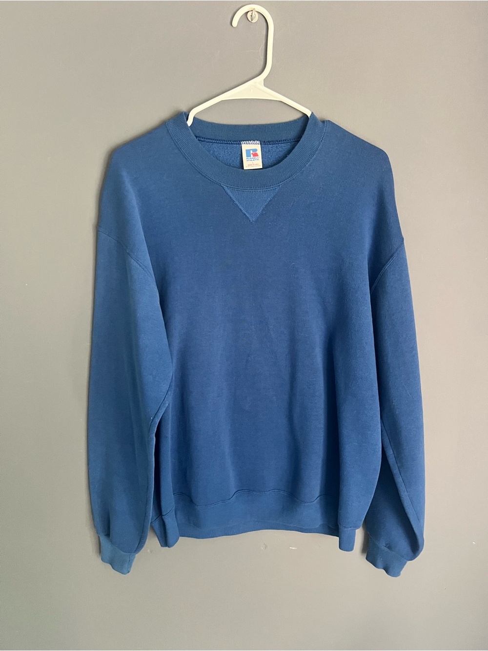 Vintage Russell Sweatshirt Mens L Blue Fleece Pullover 90s Blank Made In USA